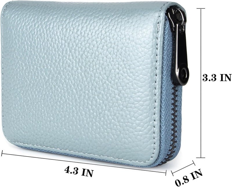 Suweibuke Genuine Leather Credit Card Holder Zipper Wallet RFID Blocking Secure Card Case ID Case Organizer (Light Blue) - Image 2